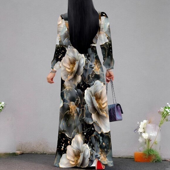 Plus Size Floral Maxi Dress Long Puff Sleeves Belt Casual Elegant Dress - Picture 6 of 7